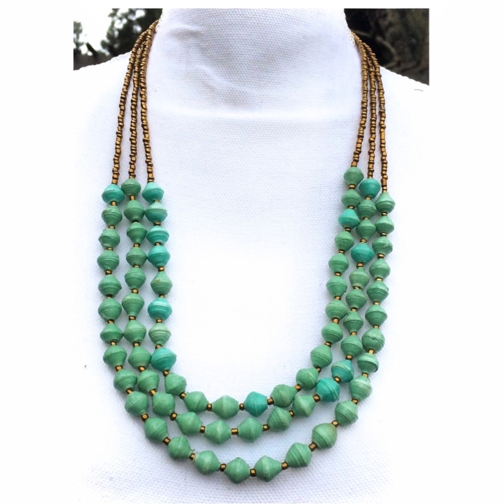 Vintage TENG YUE Green Bronze Beaded 3 Layer Necklace EUC - Picture 2 of 8